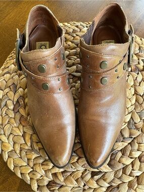 Women's Tan Leather Ankle Booties with Studded Strap Detail